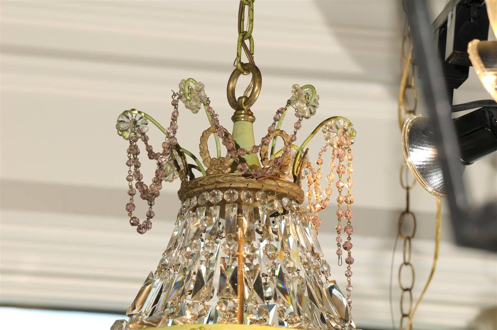 20th Century French Basket Shaped Crystal Chandelier with Accents of Amethyst Color Crystals For Sale