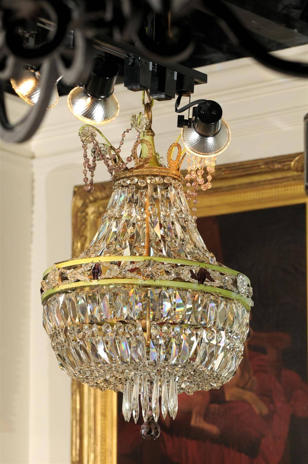 Metal French Basket Shaped Crystal Chandelier with Accents of Amethyst Color Crystals For Sale