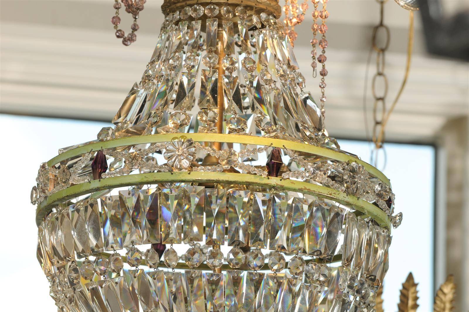 French Basket Shaped Crystal Chandelier with Accents of Amethyst Color Crystals For Sale 2