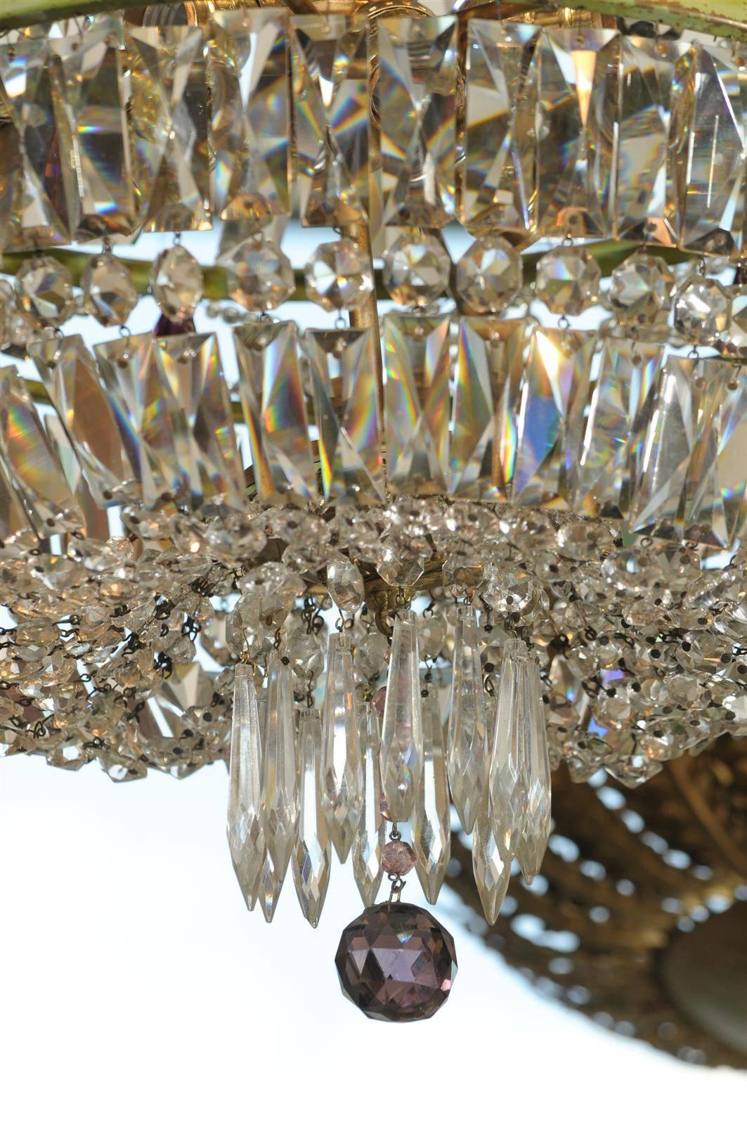 French Basket Shaped Crystal Chandelier with Accents of Amethyst Color Crystals For Sale 1