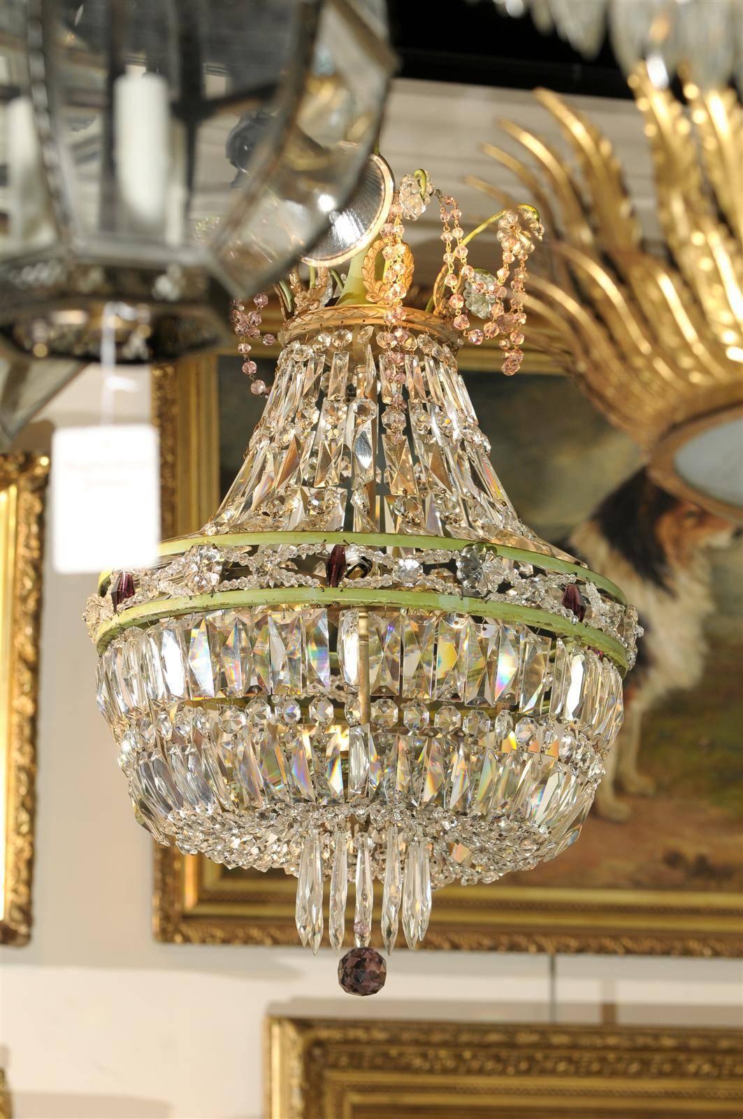 French Basket Shaped Crystal Chandelier with Accents of Amethyst Color Crystals For Sale 4