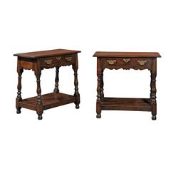 Pair of Oak English Turn of the Century Side Tables with Single Drawer and Shelf 3