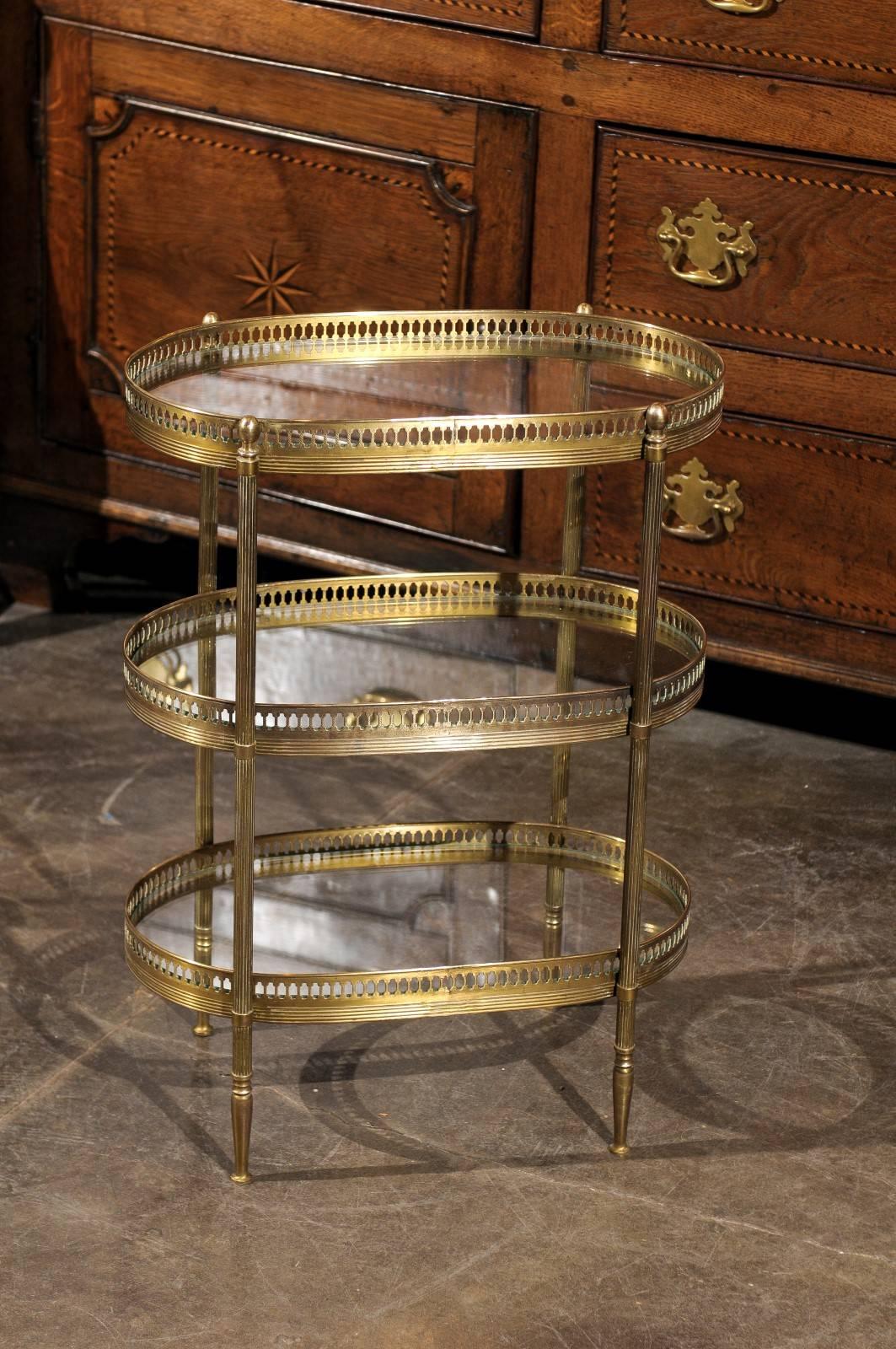 French Oval Vintage Brass Three-Tiered Small Side Table in Maison Jansen Style In Excellent Condition In Atlanta, GA