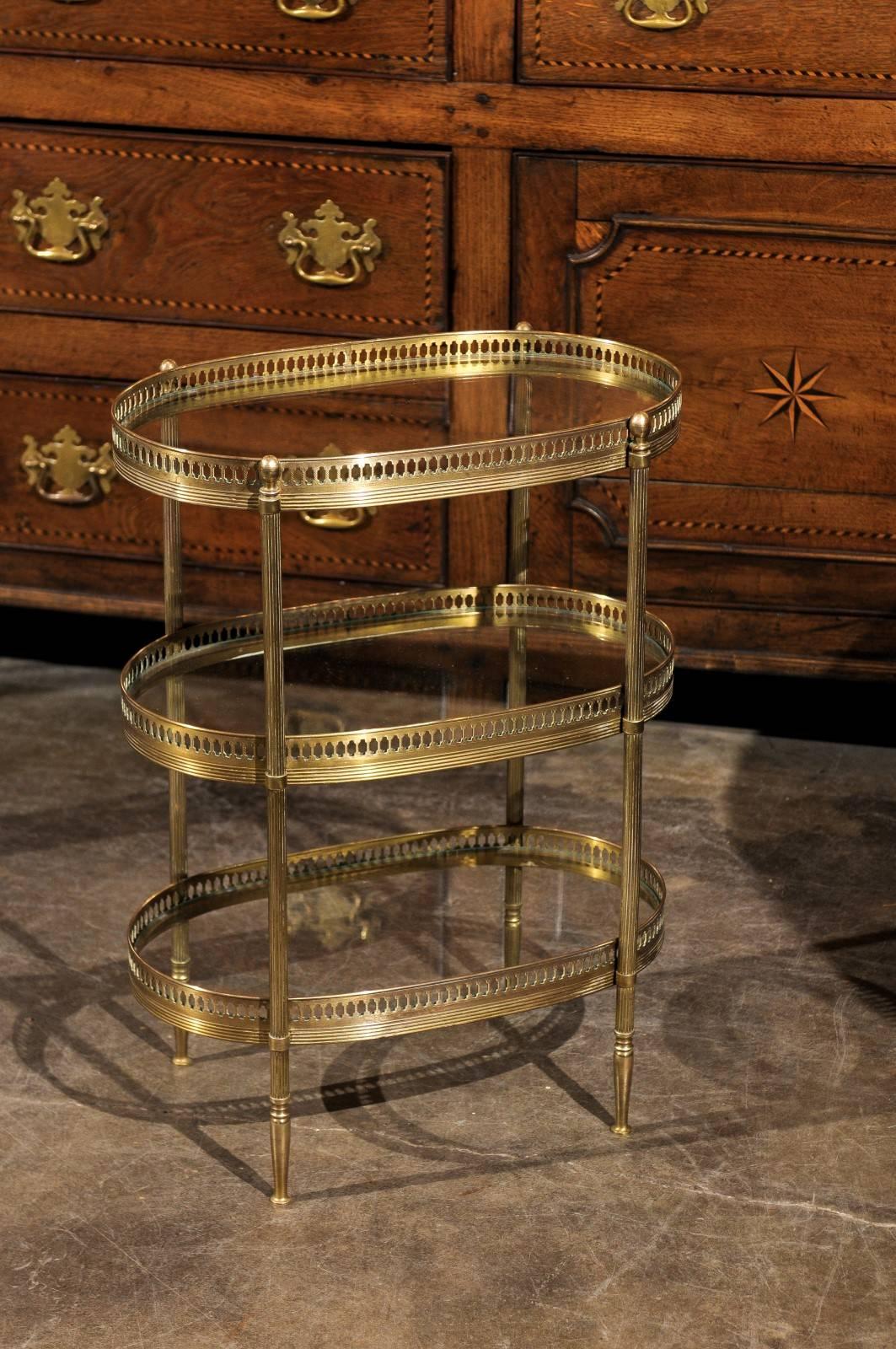 French Oval Vintage Brass Three-Tiered Small Side Table in Maison Jansen Style 2