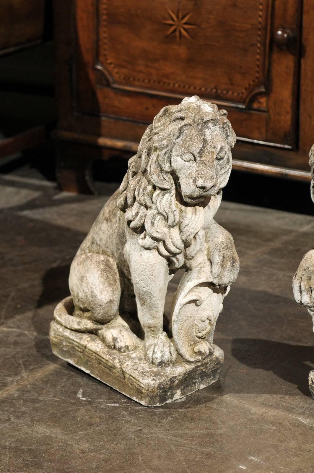 Pair of French Mid-20th Century Seated Stone Lions with Shields and Fleur-de-Lys 1
