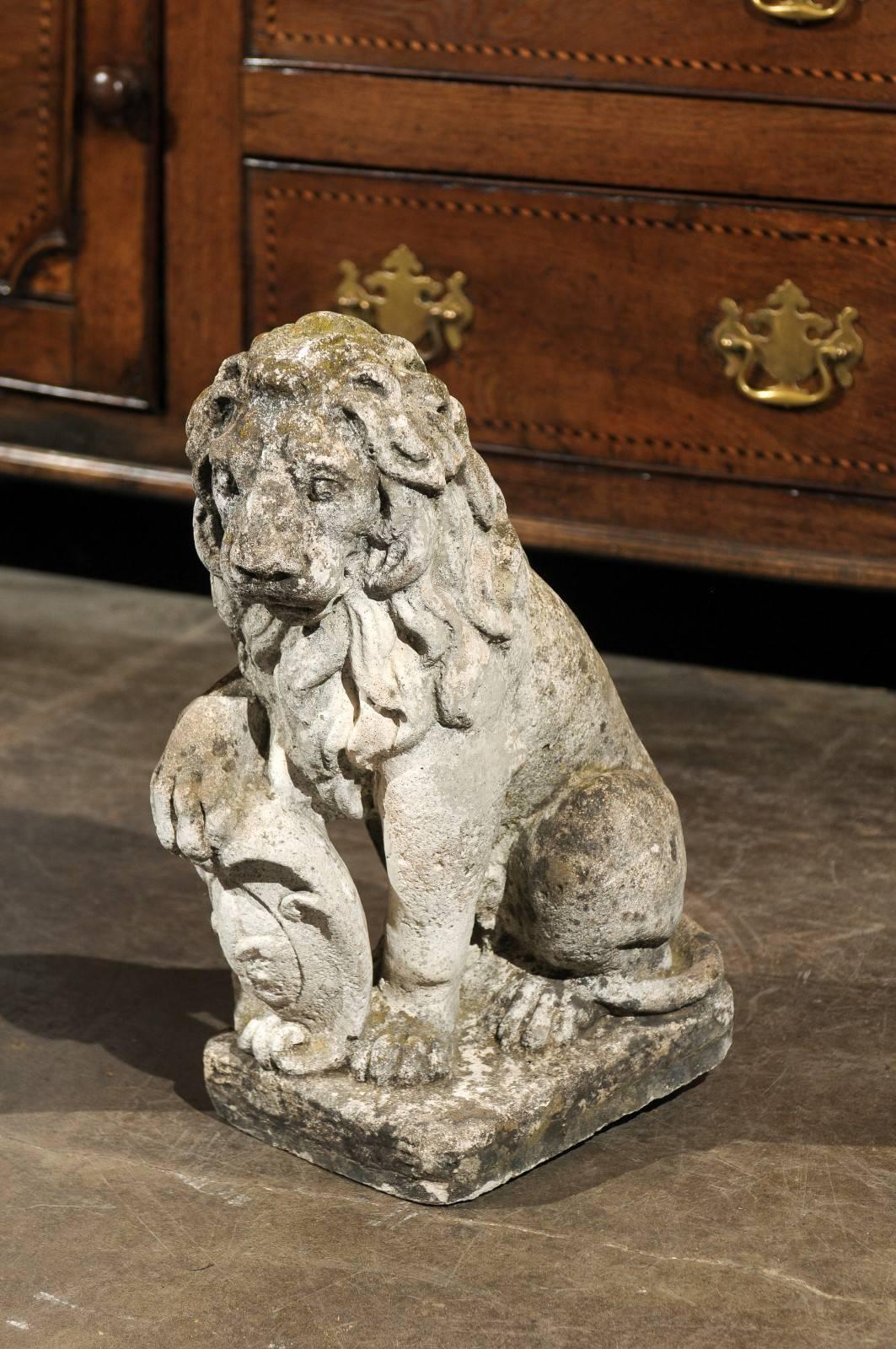 Pair of French Mid-20th Century Seated Stone Lions with Shields and Fleur-de-Lys 2