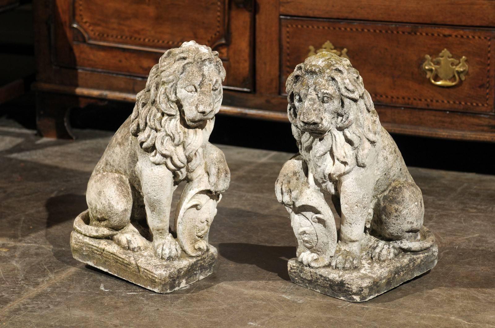 A pair of French vintage small size seated lions. This pair of French lions from circa 1960 is made of light colored reconstituted stone with aging and features two lions seated in the traditional pose, with one paw on a shield. The pair is raised