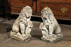 Pair of French Mid-20th Century Seated Stone Lions with Shields and Fleur-de-Lys