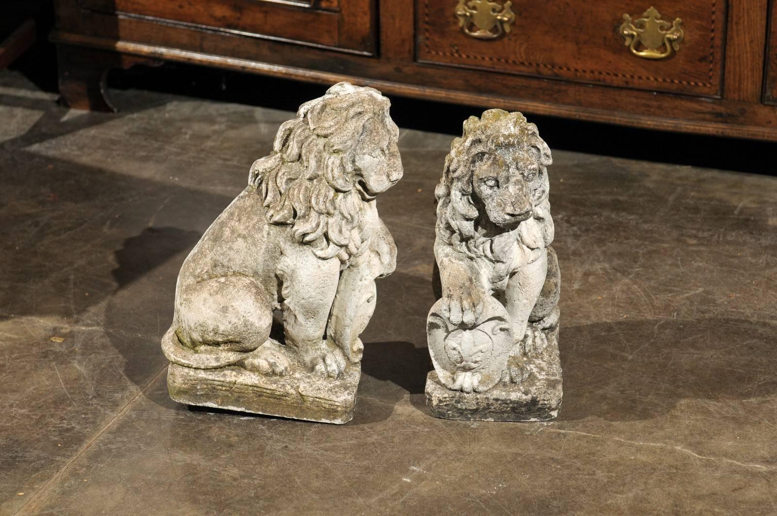 Pair of French Mid-20th Century Seated Stone Lions with Shields and Fleur-de-Lys 4