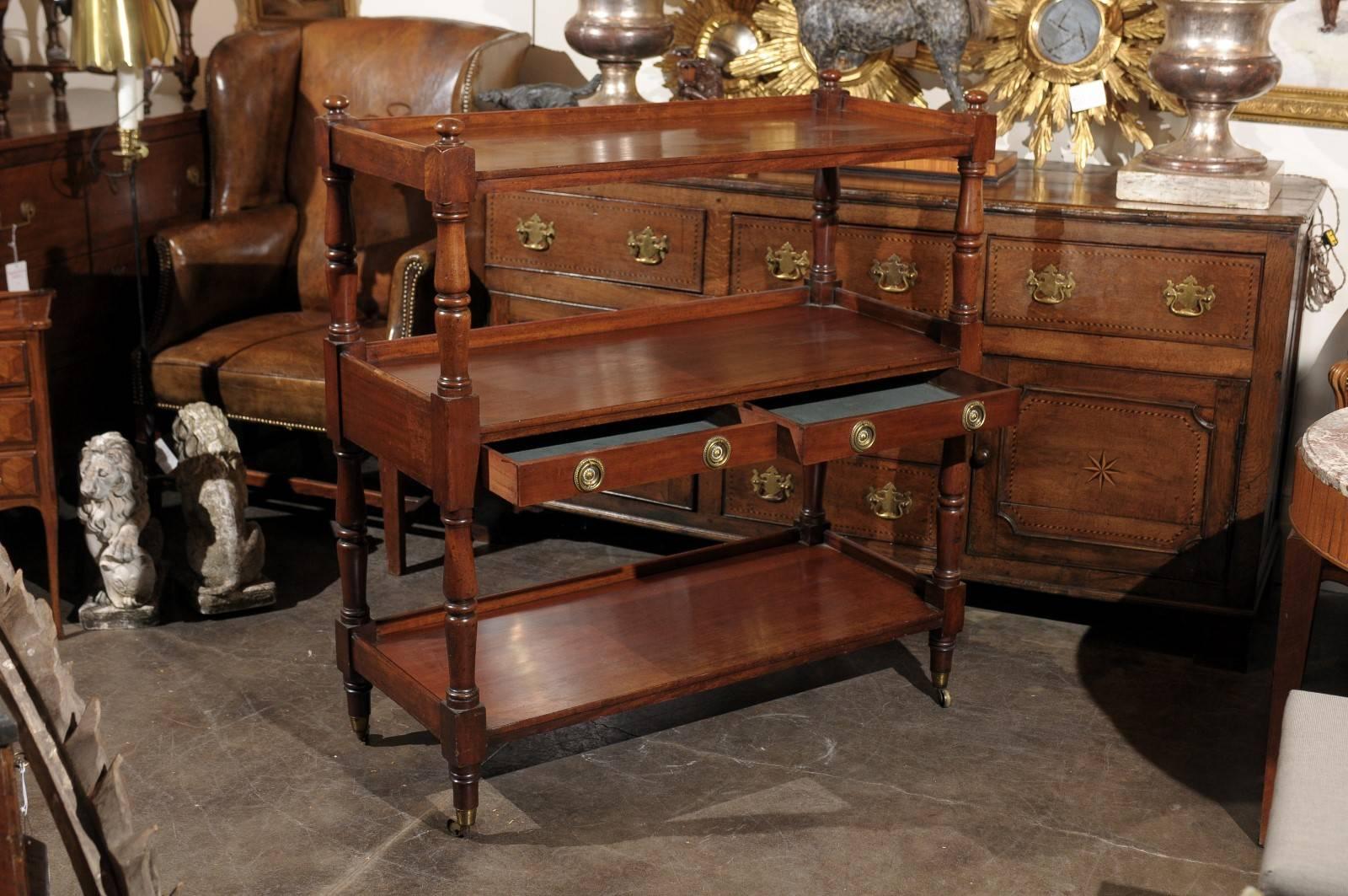 19th Century English Wooden Trolley on Casters with Two Drawers and Turned Legs 2