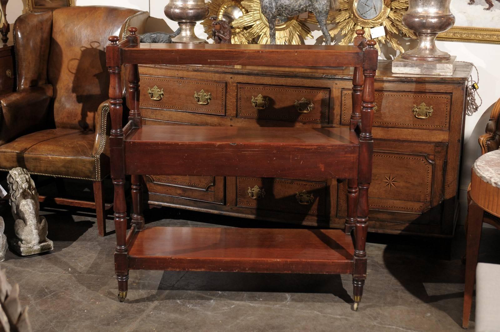 19th Century English Wooden Trolley on Casters with Two Drawers and Turned Legs 6