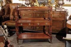19th Century English Wooden Trolley on Casters with Two Drawers and Turned Legs