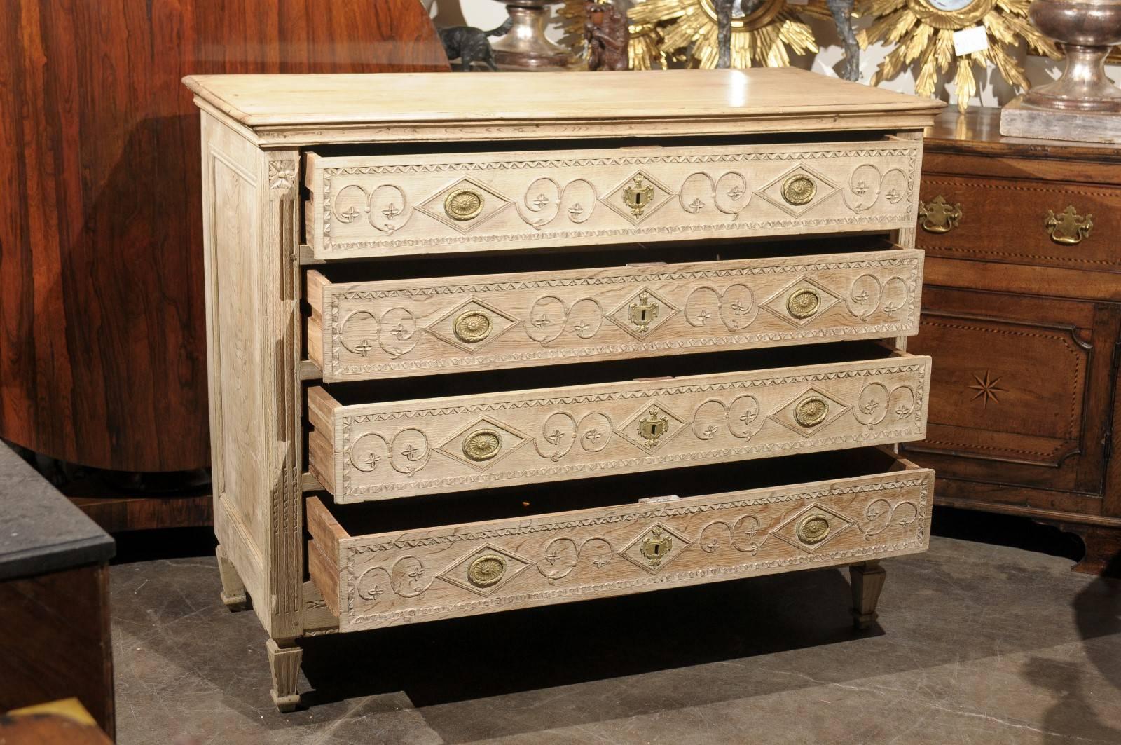 19th Century French Bleached Commode with Carved Geometrical and Floral Motifs In Good Condition In Atlanta, GA