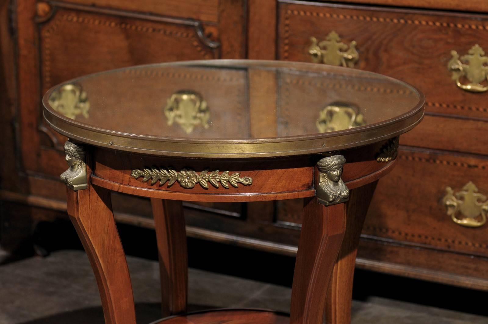 Pair of French Empire Style Low Round Accent Tables with Mirrored Tops and Shelf In Good Condition In Atlanta, GA