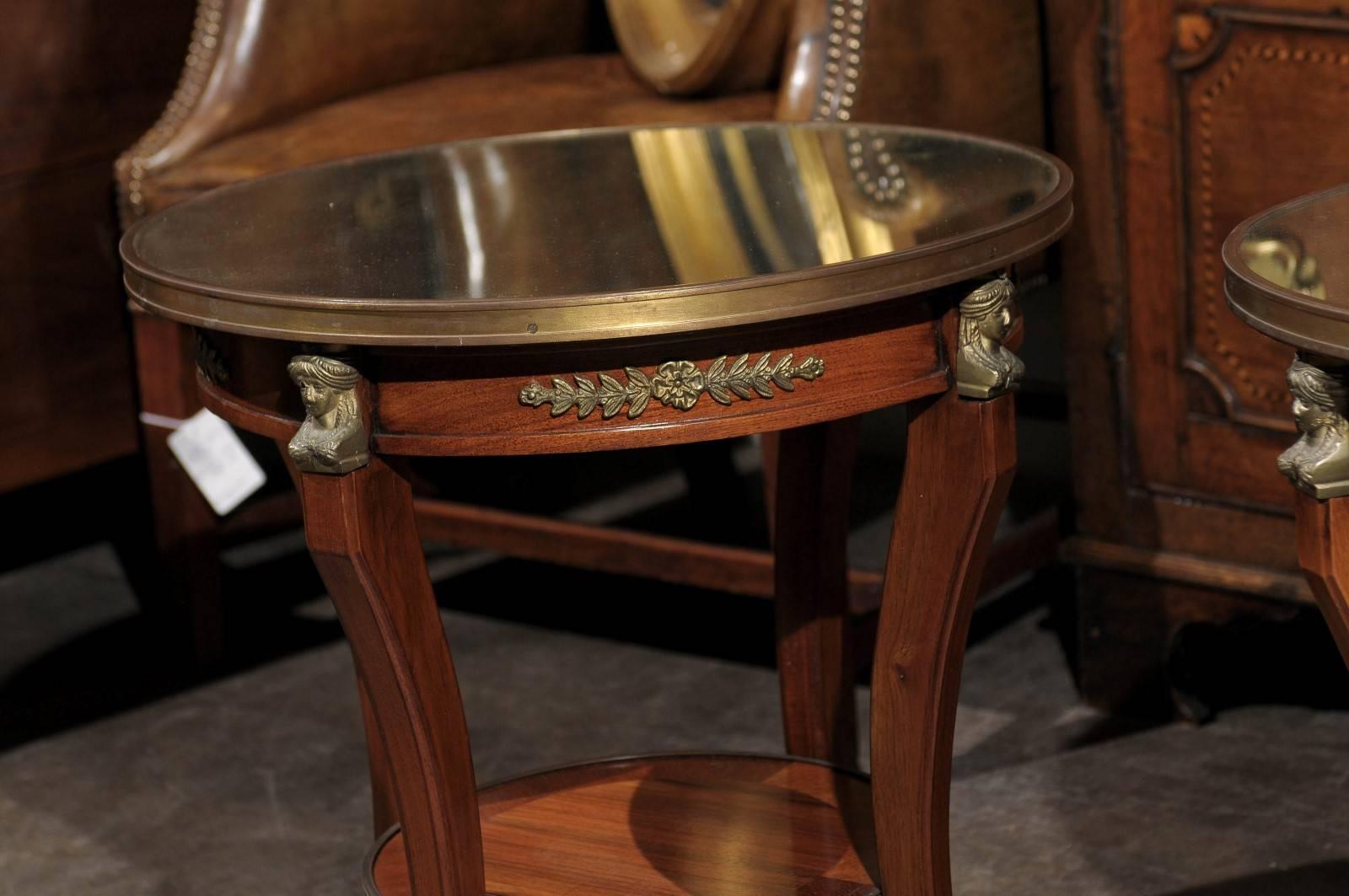 20th Century Pair of French Empire Style Low Round Accent Tables with Mirrored Tops and Shelf