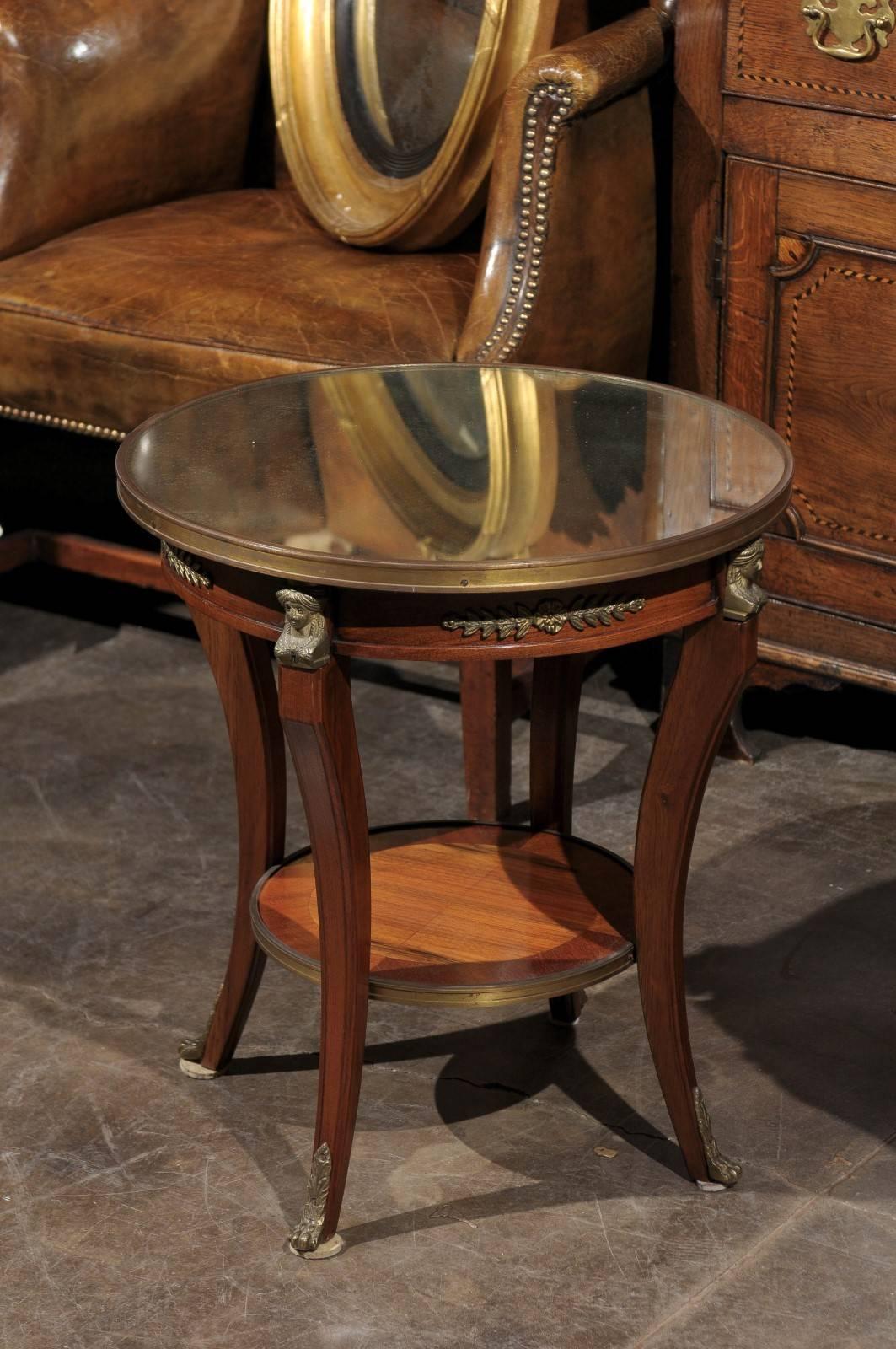Pair of French Empire Style Low Round Accent Tables with Mirrored Tops and Shelf 1