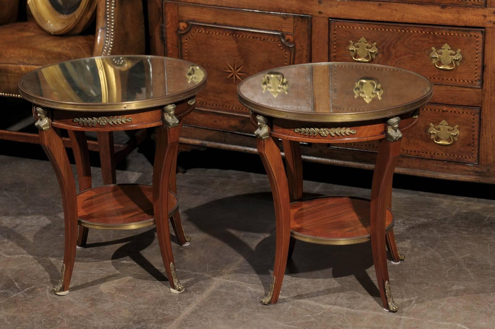 Pair of French Empire Style Low Round Accent Tables with Mirrored Tops and Shelf 4