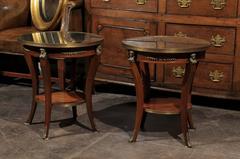 Pair of French Empire Style Low Round Accent Tables with Mirrored Tops and Shelf