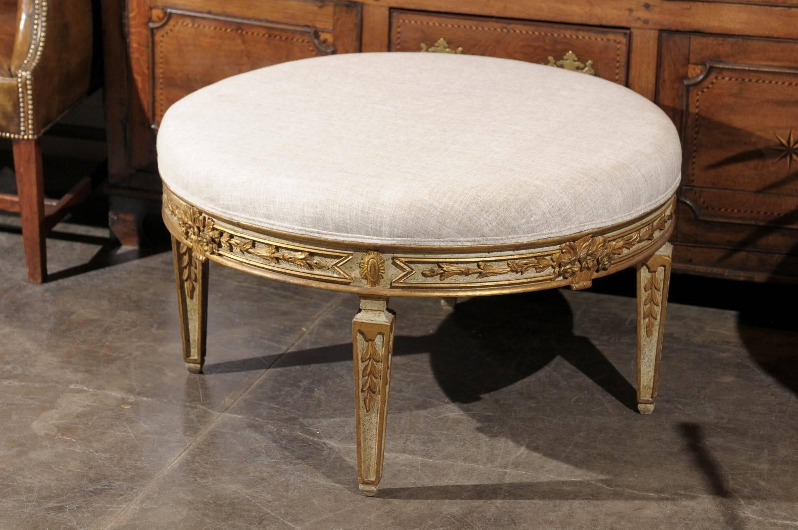 20th Century Italian Neoclassical Style Upholstered Round Ottoman with Giltwood Motifs