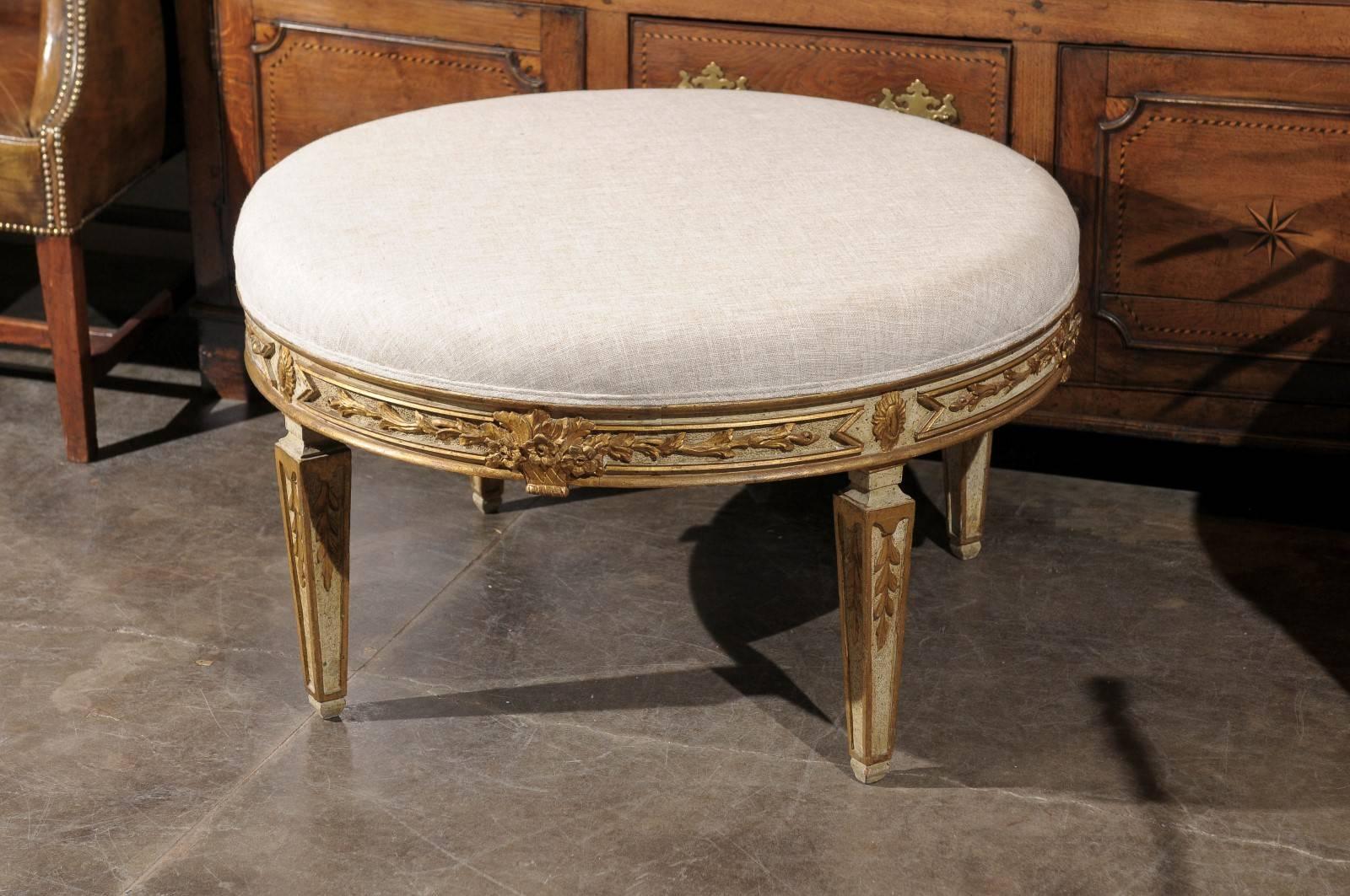 Upholstery Italian Neoclassical Style Upholstered Round Ottoman with Giltwood Motifs