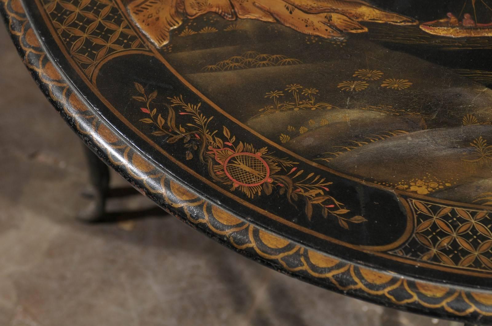 Mid-Century Modern Vintage Round Chinoiserie Table with Japanning Scene and Bronze Faux-bamboo Legs