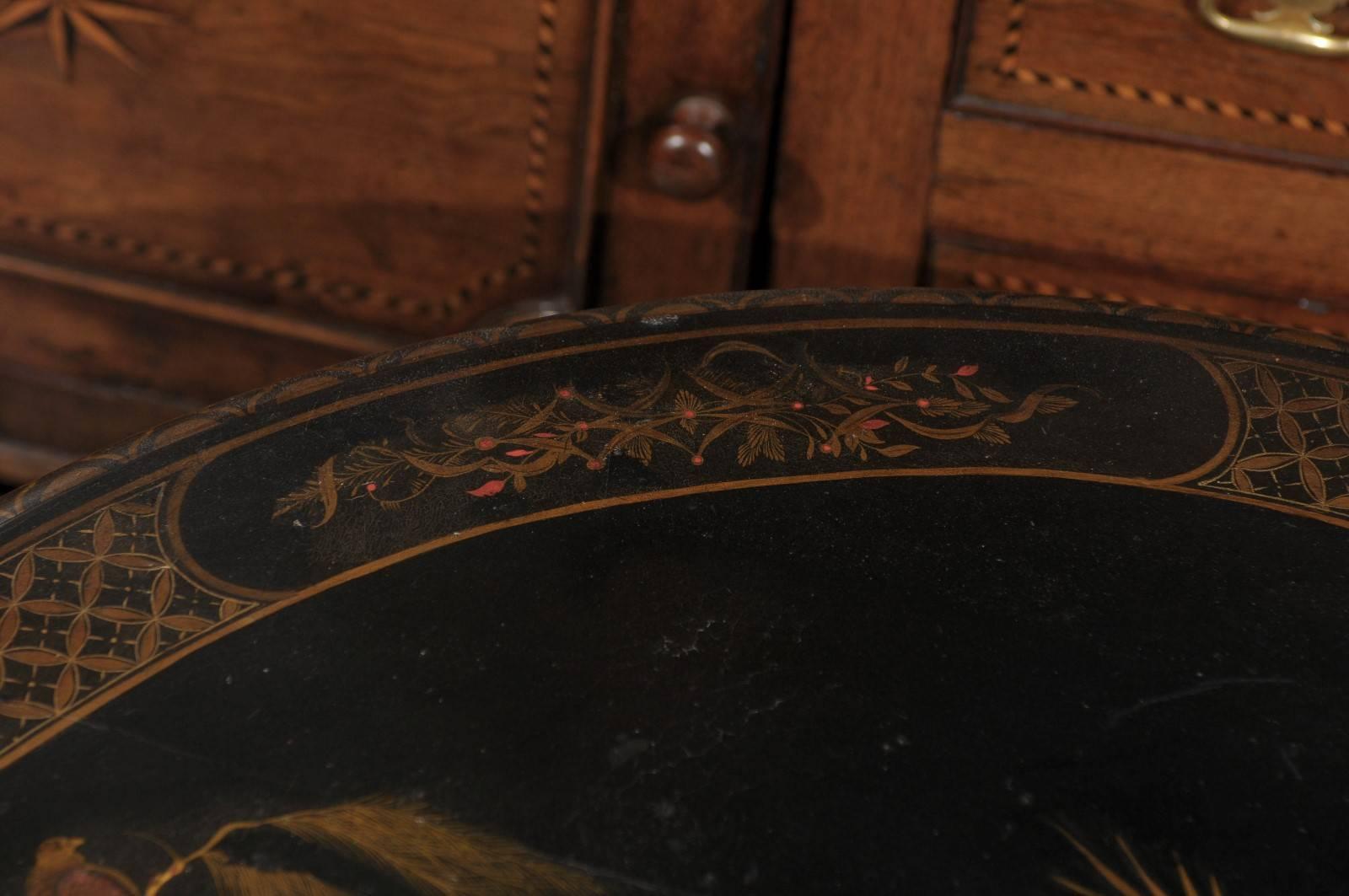 Painted Vintage Round Chinoiserie Table with Japanning Scene and Bronze Faux-bamboo Legs