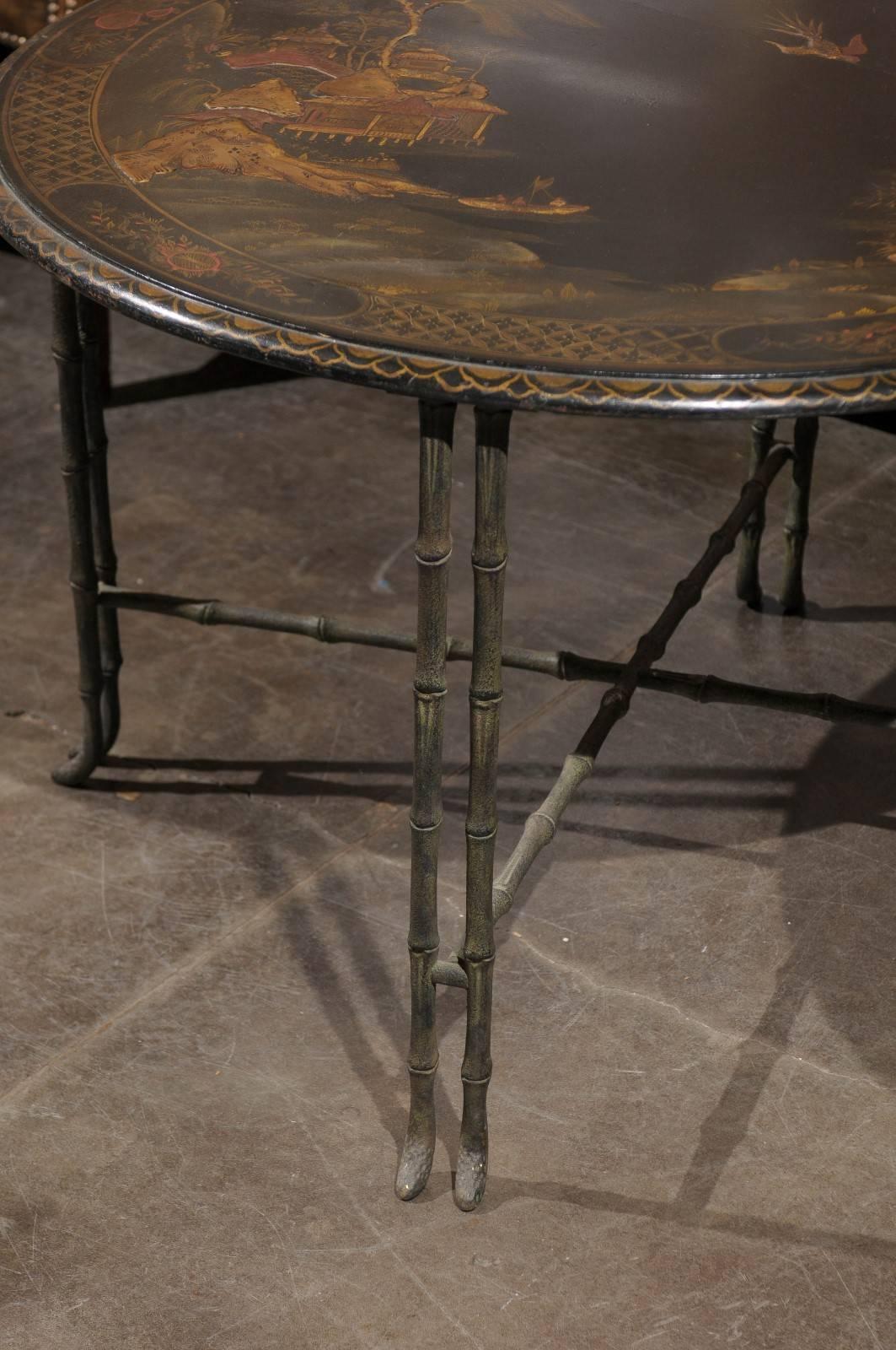 20th Century Vintage Round Chinoiserie Table with Japanning Scene and Bronze Faux-bamboo Legs