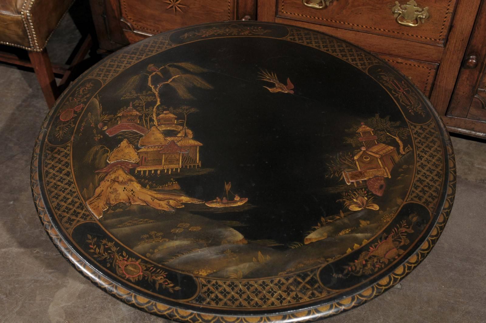 Metal Vintage Round Chinoiserie Table with Japanning Scene and Bronze Faux-bamboo Legs