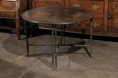 Vintage Round Chinoiserie Table with Japanning Scene and Bronze Faux-bamboo Legs