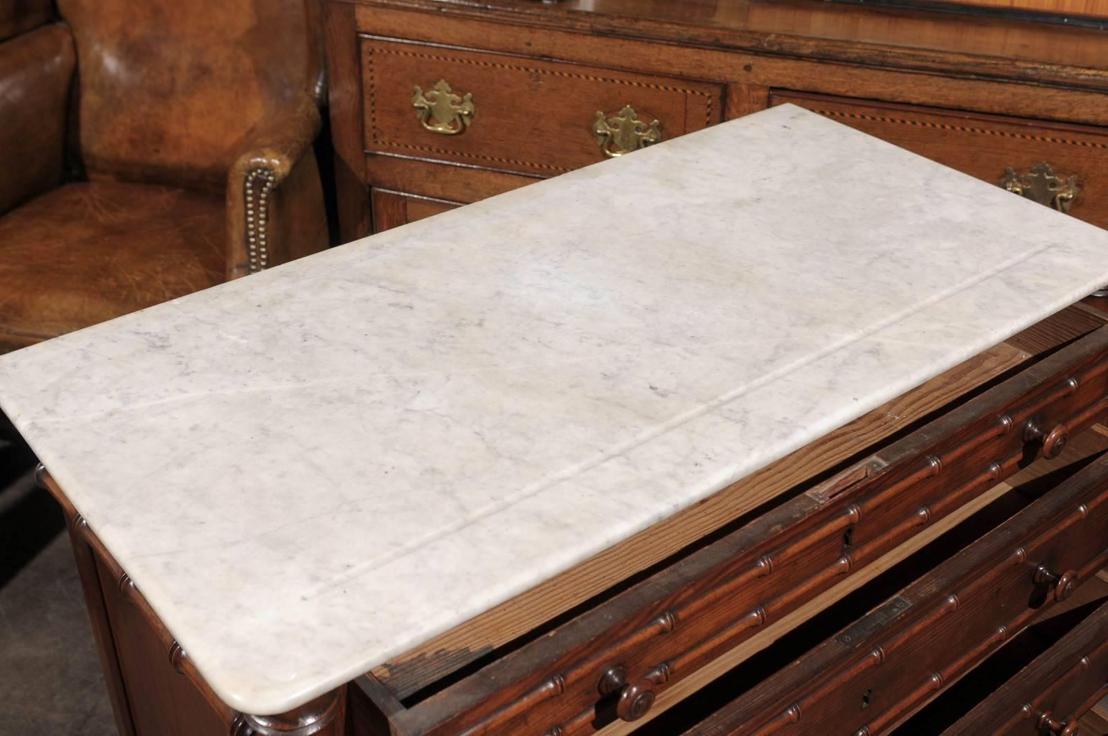 British Colonial 19th century English incised Marble Top Chest of Drawers with Faux Bamboo Trim