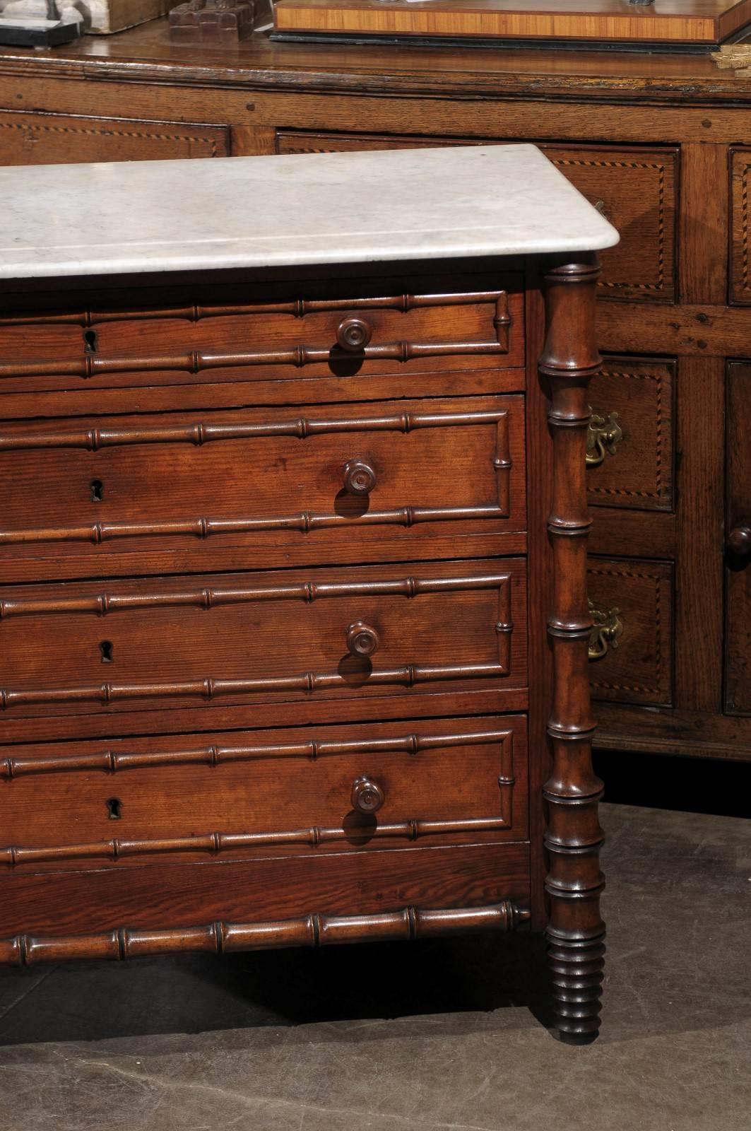 19th century English incised Marble Top Chest of Drawers with Faux Bamboo Trim 2