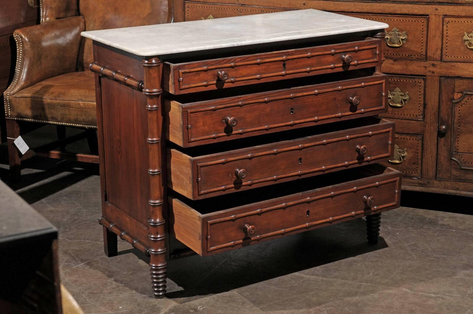 19th Century 19th century English incised Marble Top Chest of Drawers with Faux Bamboo Trim