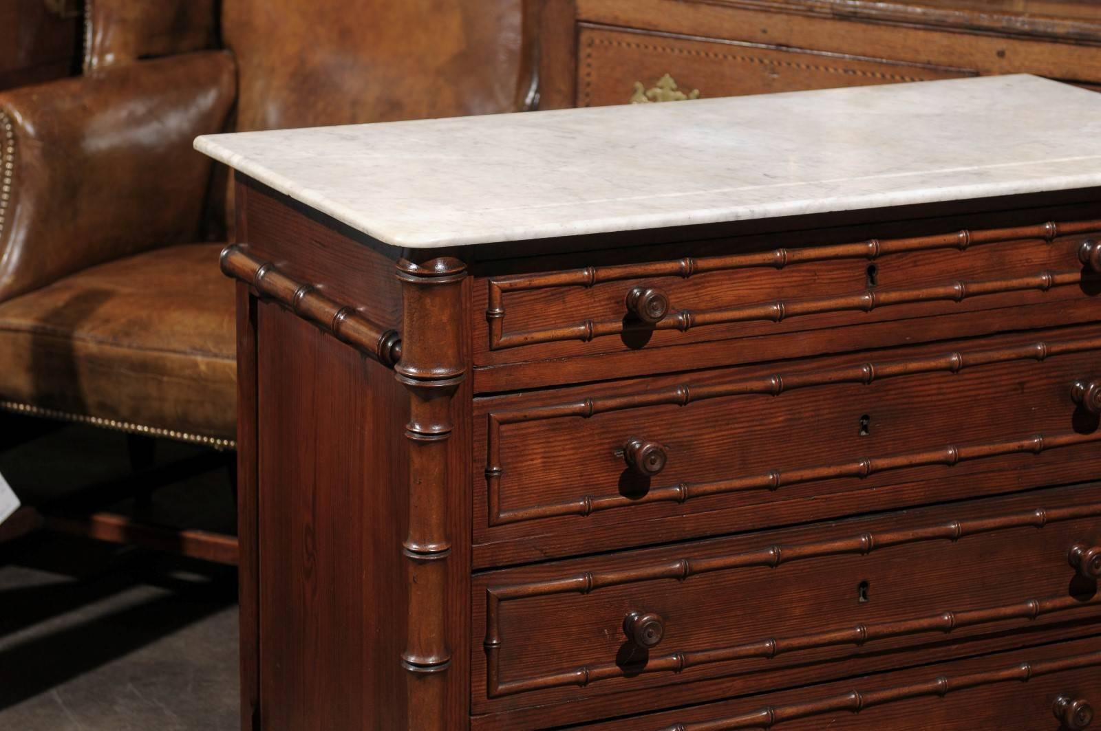 19th century English incised Marble Top Chest of Drawers with Faux Bamboo Trim 1