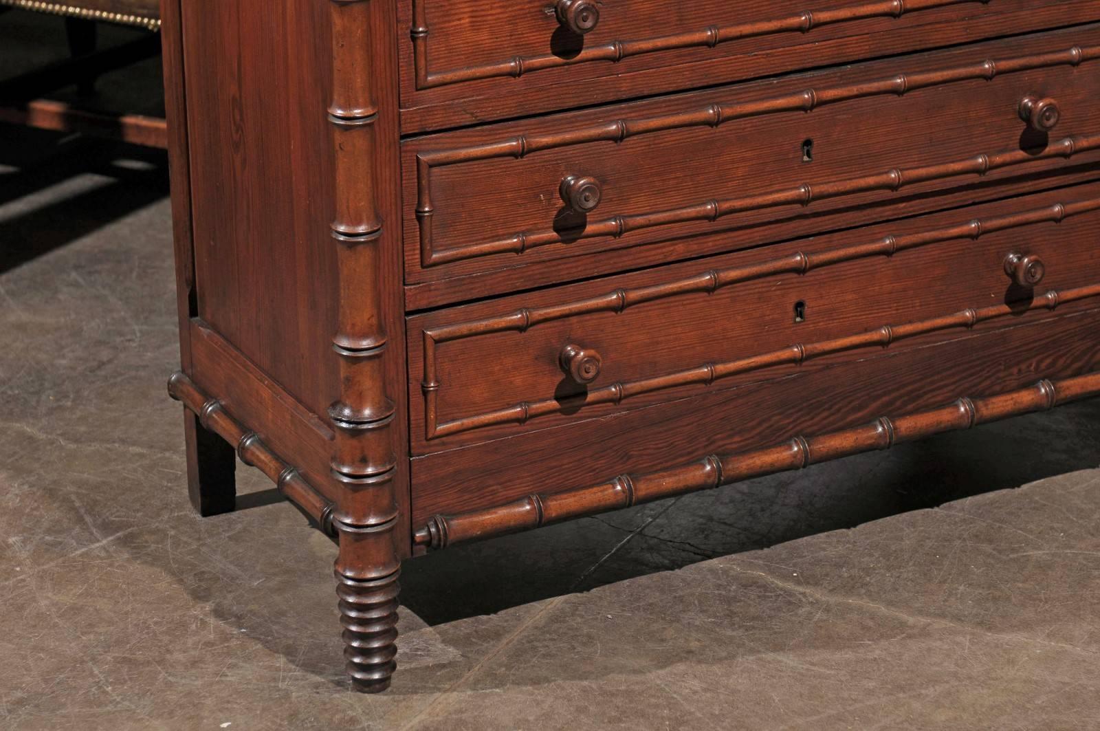 19th century English incised Marble Top Chest of Drawers with Faux Bamboo Trim 3