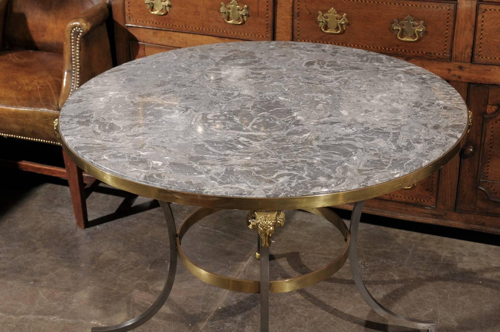 French Directoire Style Mid 20th Century Steel, Brass and Marble Top Round Table 5