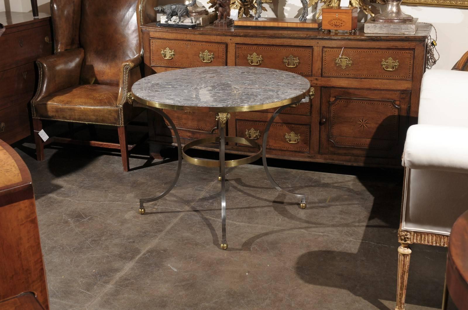 Mid-Century Modern French Directoire Style Mid 20th Century Steel, Brass and Marble Top Round Table