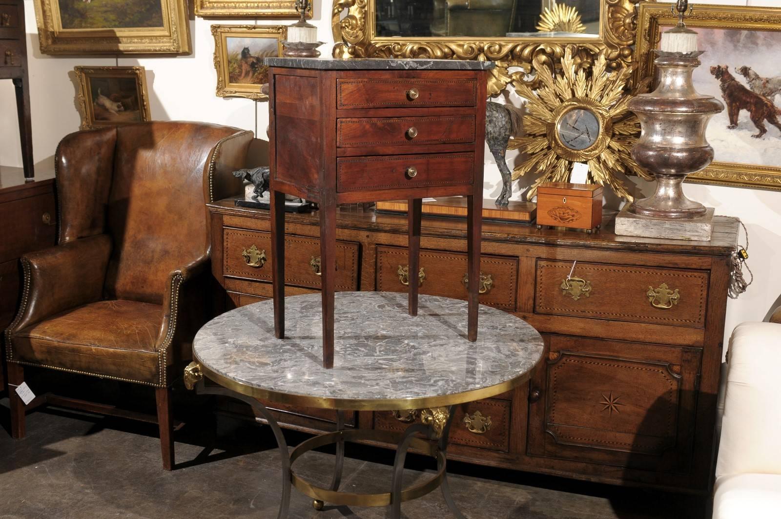 Louis XVI Mid-19th Century Petite French Three-Drawer Commode, Grey Marble Top and Banding