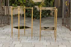French Vintage Pair of Brass-Framed Two-Tiered Stands with Smoked Glass Shelves