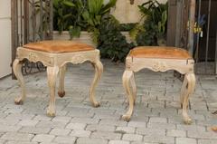 Pair of Louis XV Style Wooden Stools with Warm Leather Seats and Cabriole Legs