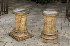 Pair of French Drinks Tables Made of Faux Marble Columns with Marble Tops