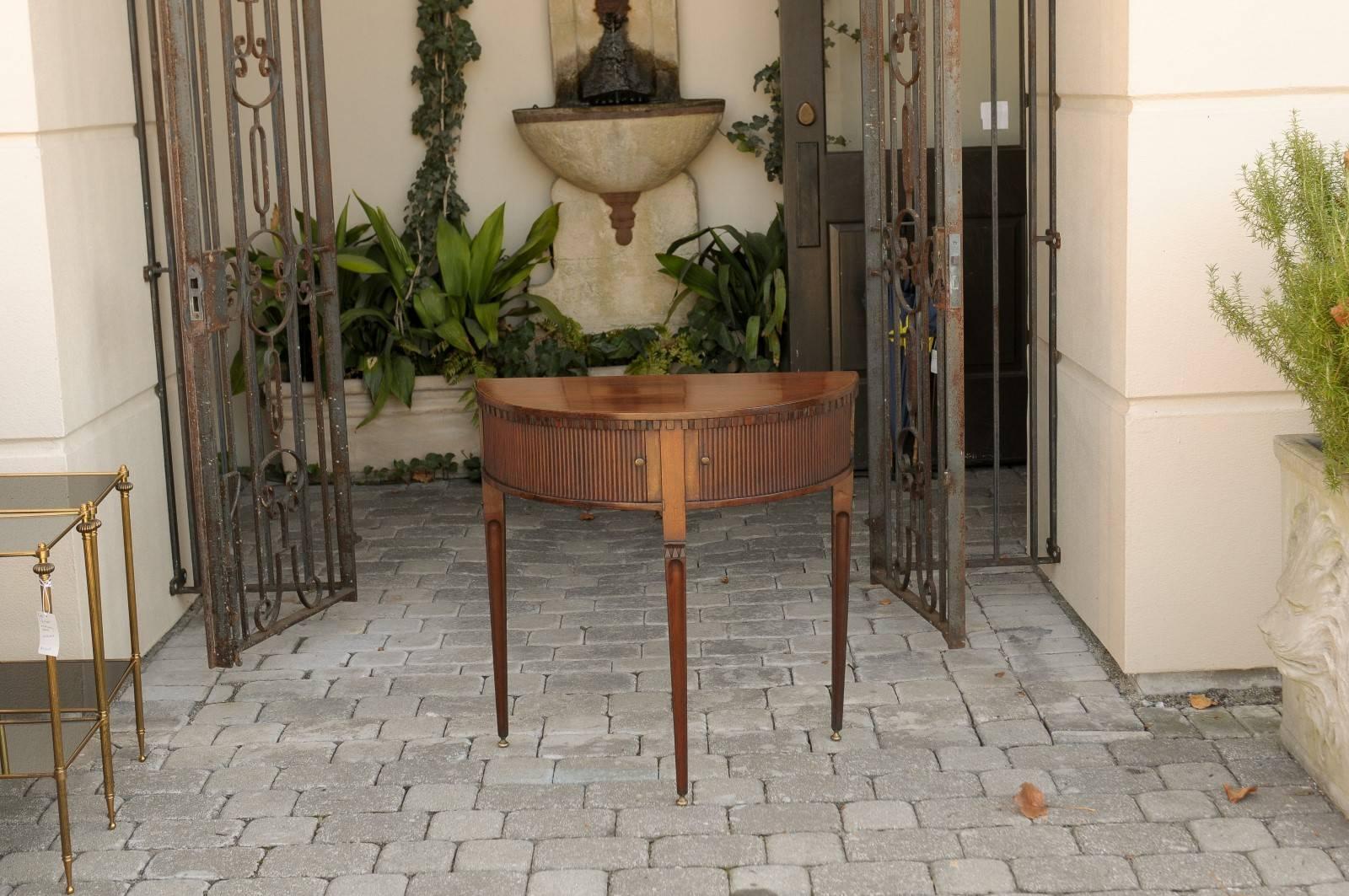 English Mahogany Neoclassical Demi-lune Console Table with Tambour Sliding Doors In Good Condition In Atlanta, GA