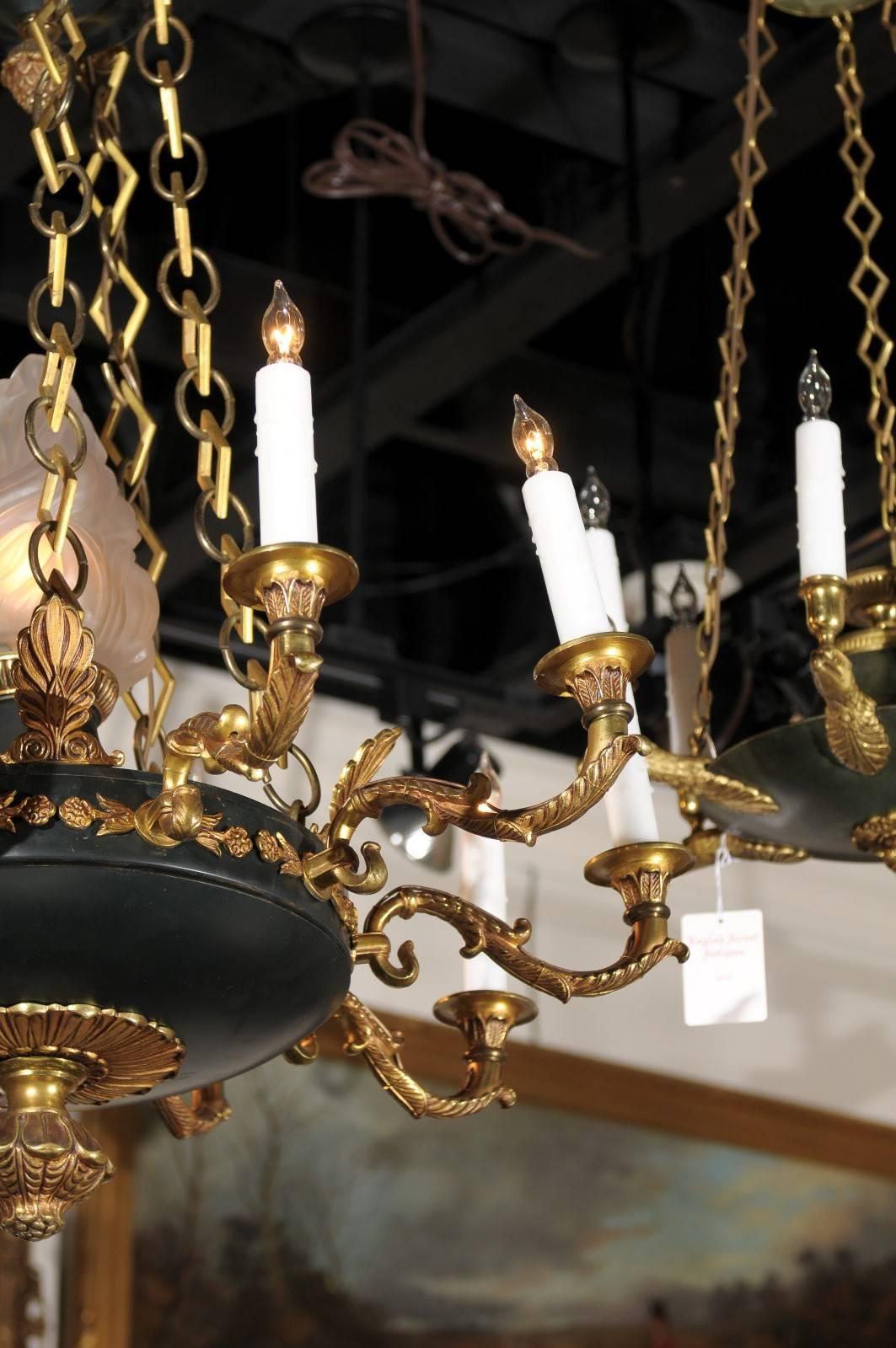 French 1920s Empire Style Ten-Light Chandelier with Central Frosted Glass Flame 2