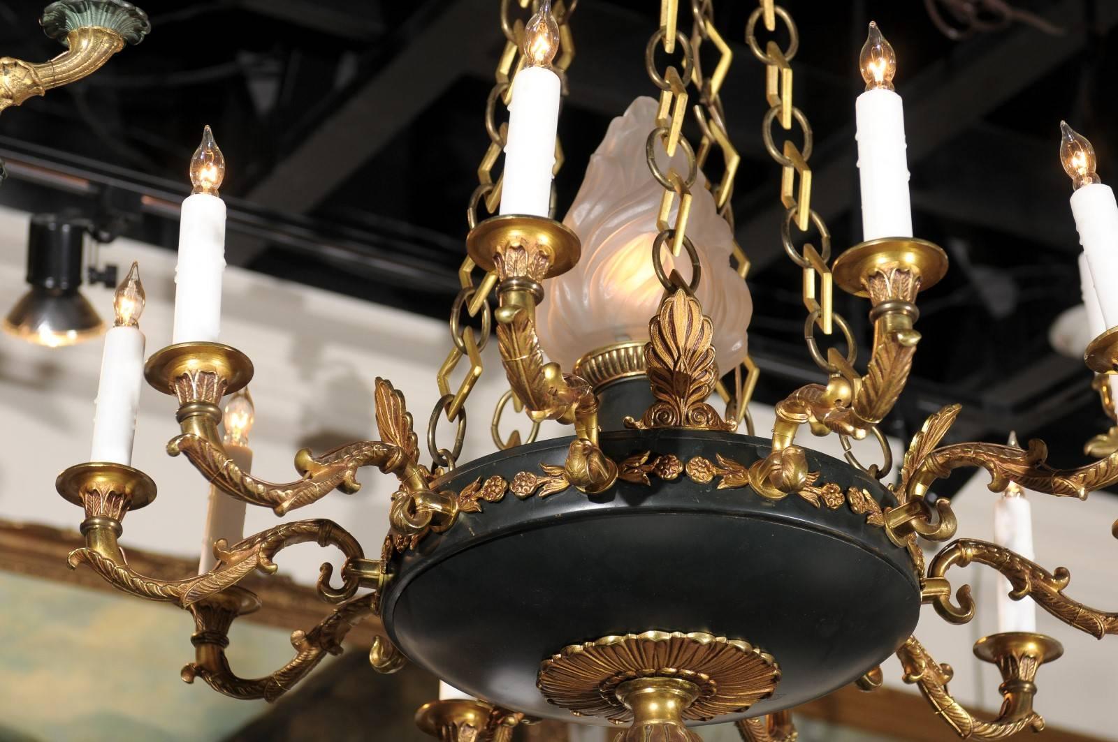 French 1920s Empire Style Ten-Light Chandelier with Central Frosted Glass Flame In Excellent Condition In Atlanta, GA