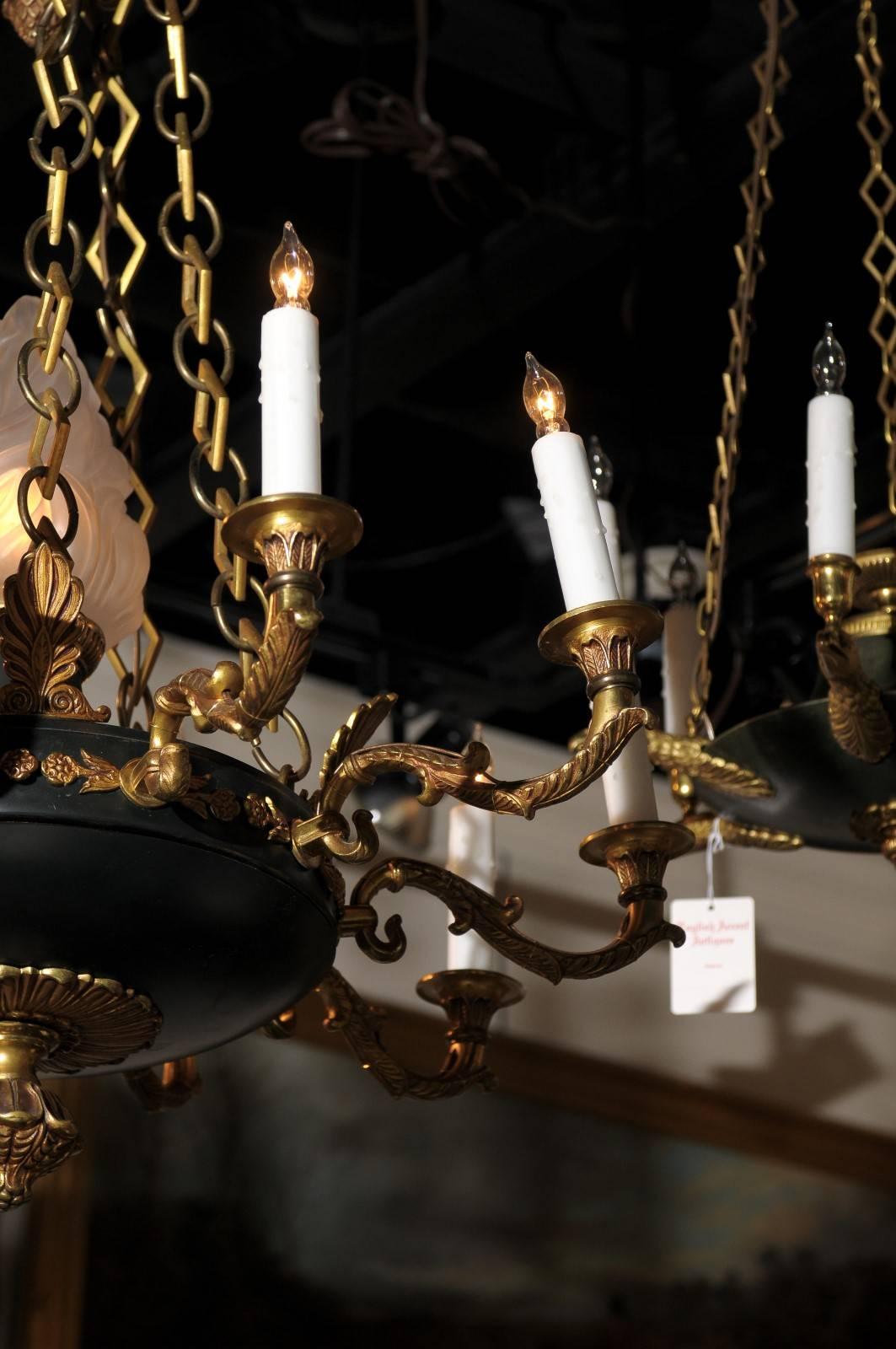 French 1920s Empire Style Ten-Light Chandelier with Central Frosted Glass Flame 1