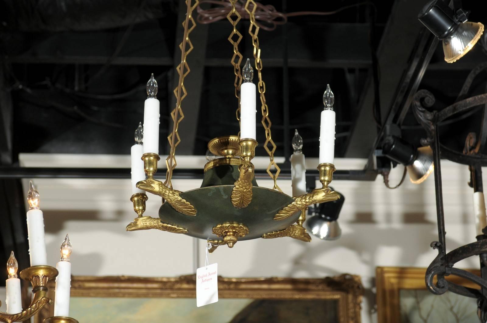 French Small Empire style Chandelier with Gold Colored Eagle Arms, Early 1900s In Good Condition In Atlanta, GA