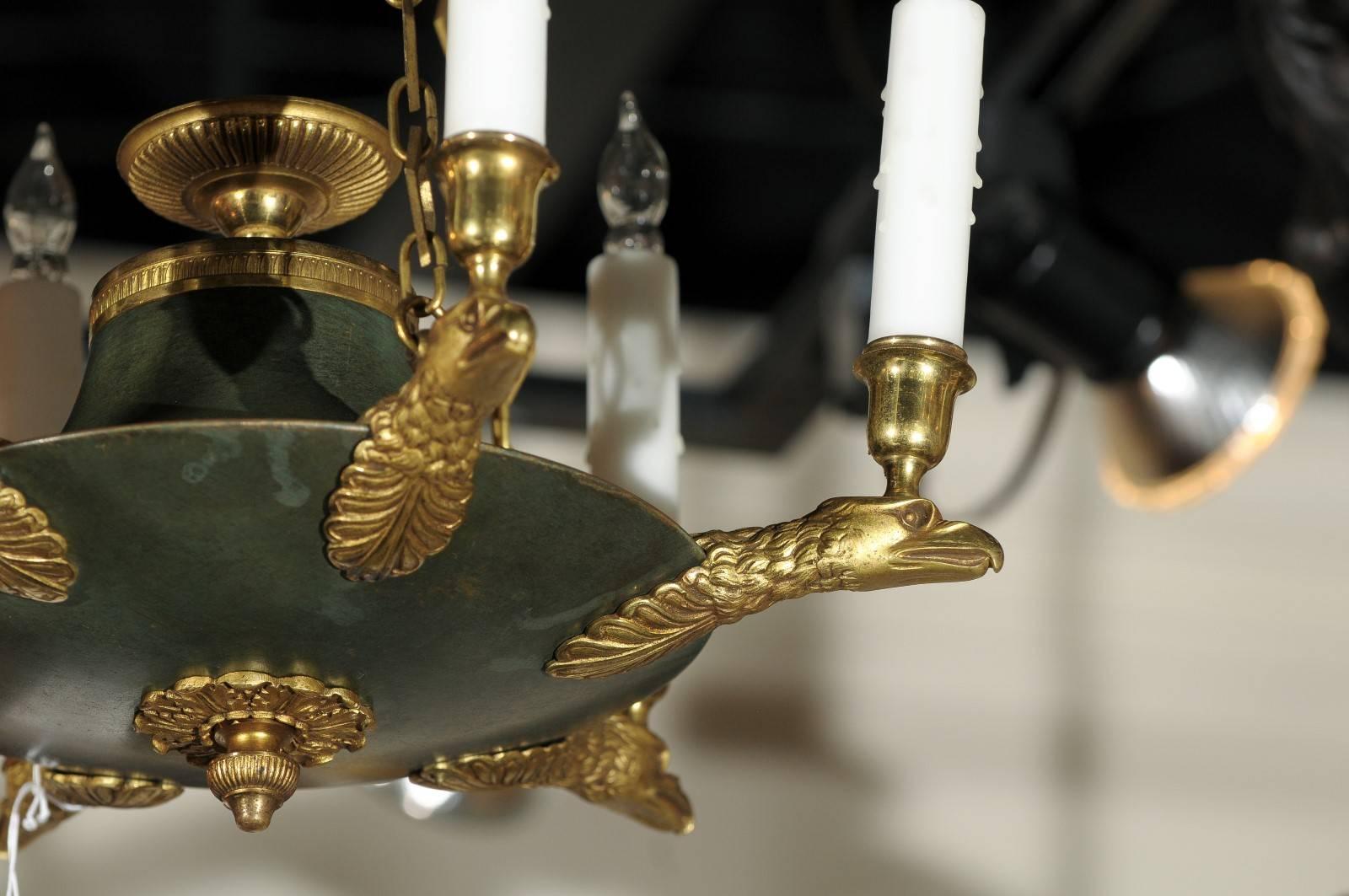 French Small Empire style Chandelier with Gold Colored Eagle Arms, Early 1900s 2