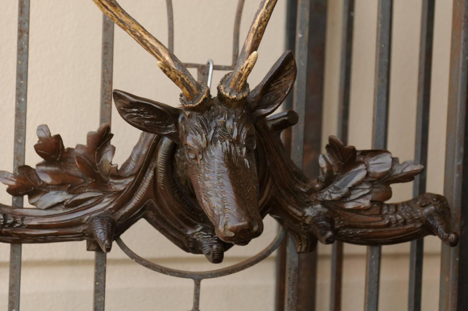 Country Turn of the Century French Carved Wall-Mounted Deer Head Coat Rack with Antlers