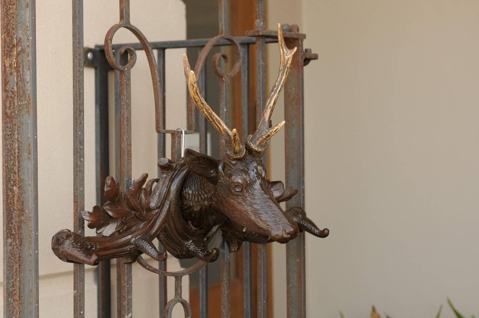 Turn of the Century French Carved Wall-Mounted Deer Head Coat Rack with Antlers 2