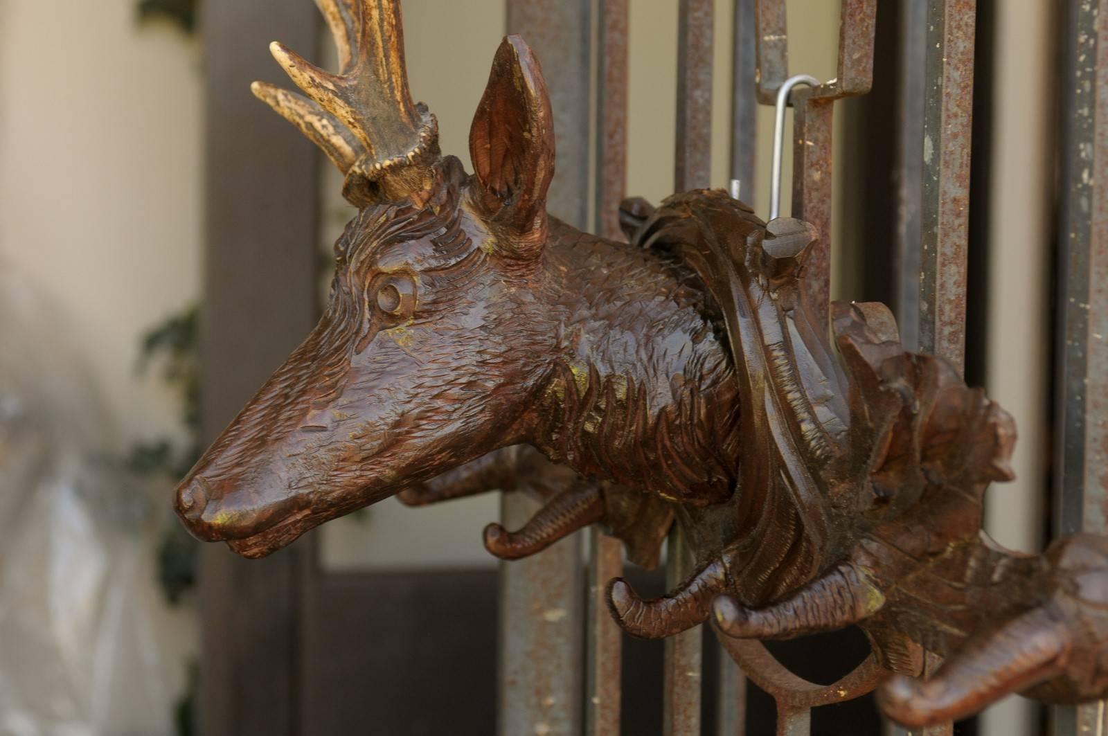 Turn of the Century French Carved Wall-Mounted Deer Head Coat Rack with Antlers 1