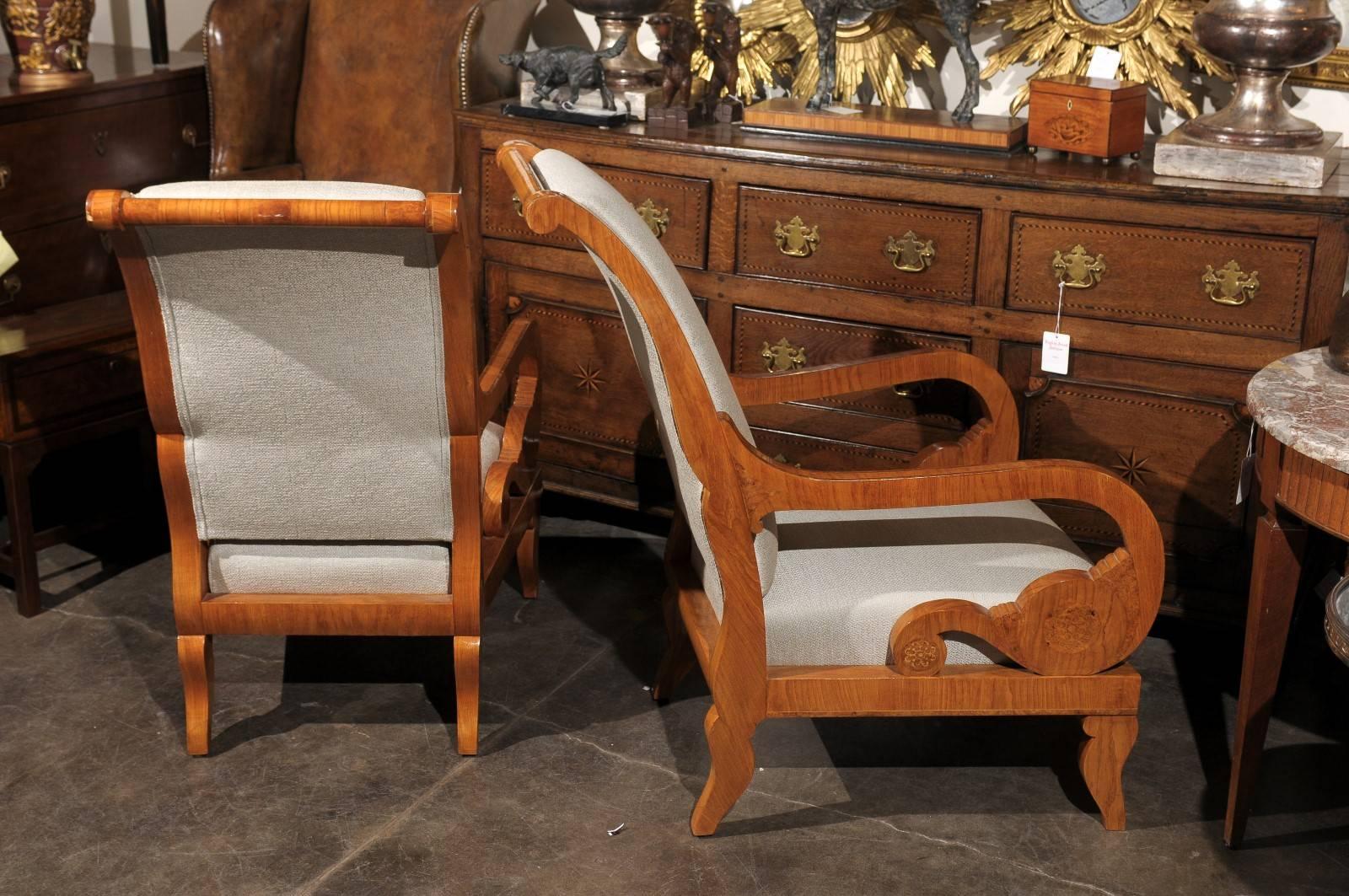 Pair of Biedermeier Mid 19th Century Austrian Armchairs with Scrolled Arms For Sale 3